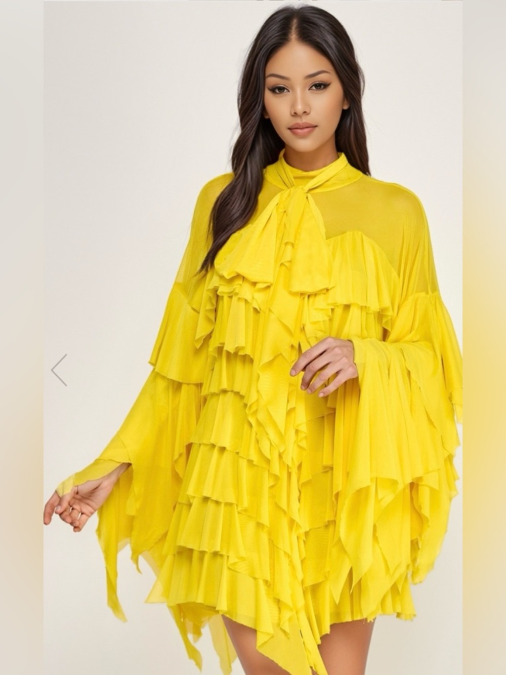 Bright Yellow Ruffle Tie-Neck Mini Dress